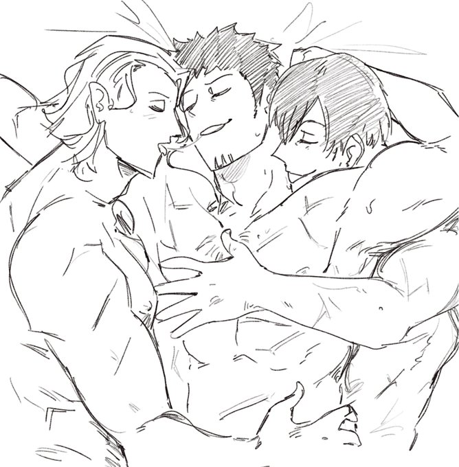 3boys azami_(kagurabachi) bara bed embrace gay happy_sex implied_penetration implied_sex kagurabachi katsutentacle kunishige_rokuhira muscular_male no_visible_genitalia old_man_yaoi saliva_string sandwiched sketch togo_shiba yaoi