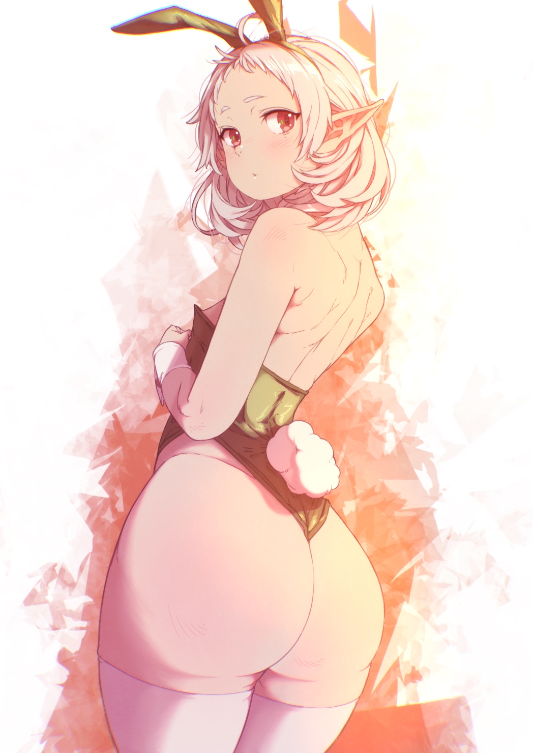 ass ass_focus back bare_arms bare_back bare_shoulders big_ass blush breasts bunny_ears bunny_tail bunnysuit cleavage elf green_leotard highleg highleg_leotard kiyo_(a_sam_ko) leotard long_ears medium_hair mushoku_tensei parted_lips pointy_ears red_eyes small_breasts strapless strapless_leotard sylphiette_(mushoku_tensei) thighhighs thighs thong_leotard white_hair white_thighhighs wrist_cuffs