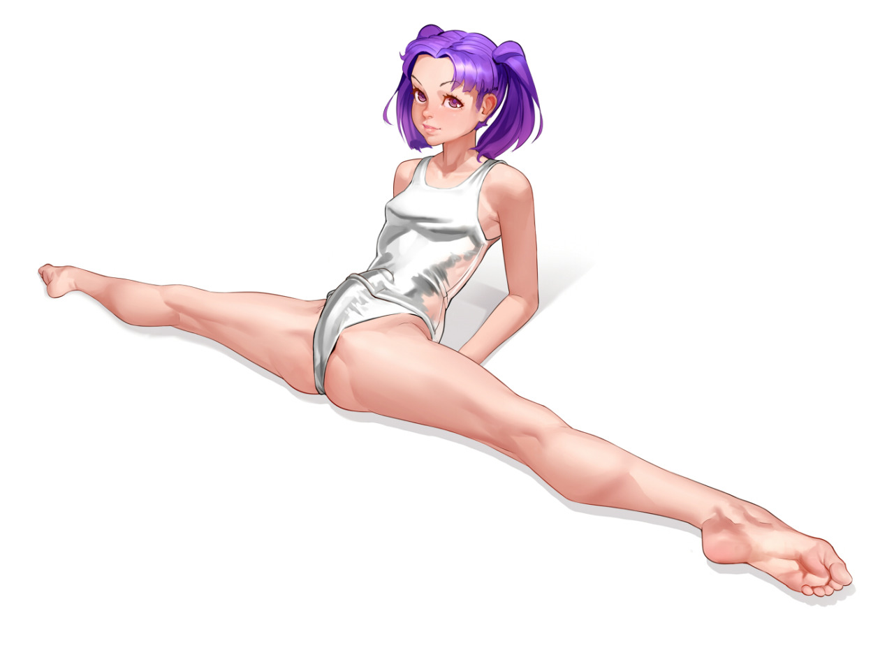 1futa, ballet feet, barefoot, bulge, feet, futa only, futanari, hair, intersex, kairuhentai, kairunoburogu, penis, pointed feet, purple eyes, purple hair, sitting, solo, spread legs, swimsuit, tied hair, twintails, white background