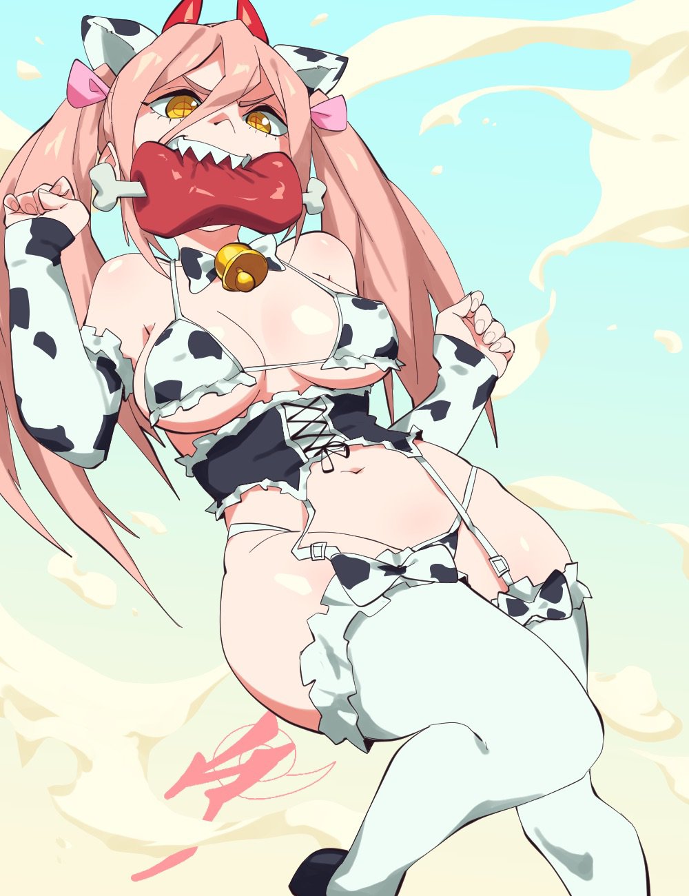 1girls, aetherion art, blonde hair, blonde-haired female, chainsaw man, corset, cow bikini, cow print, female, garter straps, horns, meat, pink hair, power (chainsaw man), stockings, yellow eyes