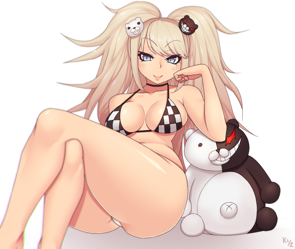 bikini blonde_hair blue_eyes blush breasts checkered checkered_bikini choker crossed_legs danganronpa danganronpa_1 female gyaru hair_ornament junko_enoshima kuroonehalf long_hair looking_at_viewer monokuma pigtails sitting smile smiling solo straight_hair stuffed_animal stuffed_toy swimsuit teddy_bear teddy_bear_hair_ornament thick_thighs thighs tied_hair twintails