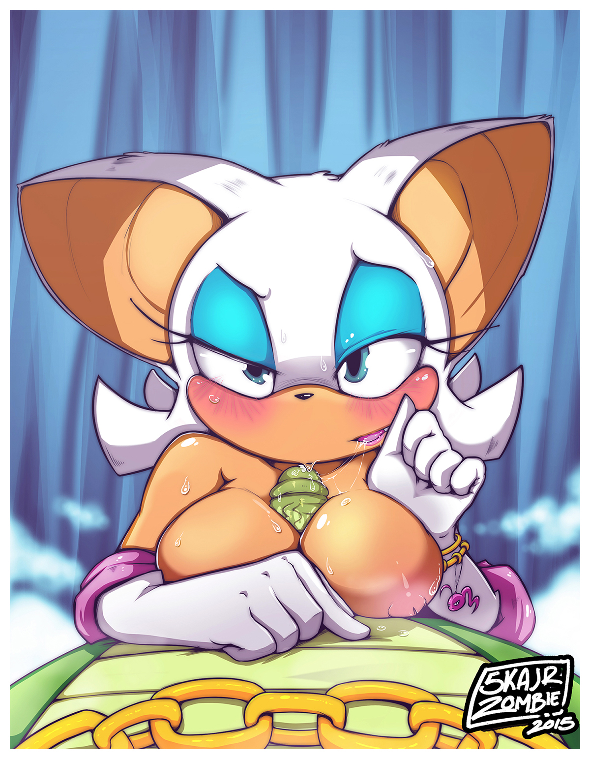 anthro, bat, breasts, color, crocodile, female, fur, furry, green skin, male, paizuri, penis, reptile, rouge the bat, scalie, sega, skajrzombie, sonic (series), sonic the hedgehog (series), tan skin, vector the crocodile, white fur