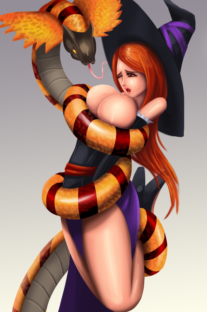 bound, breast squeeze, breasts, breasts out, brown eyes, brown hair, coiling, detached sleeves, dragon's crown, dress, female, hat, high heels, hug, huge breasts, imminent rape, interspecies, long tongue, peril, restrained, sash, sleeveless, snake, sorceress, sorceress (dragon's crown), svoidist, tongue, tongue out, vanillaware, very long hair, wince, witch hat, yellow eyes