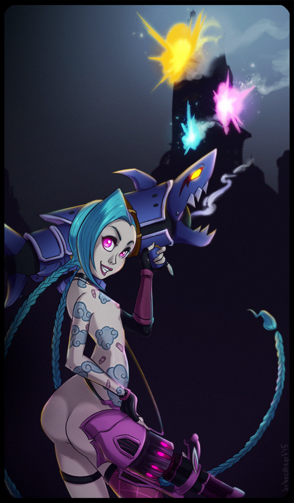 bebecake blue_hair braid breasts choker explosion female fingerless_gloves gloves gun jinx_(league_of_legends) league_of_legends long_hair looking_at_viewer nipples nude open_mouth pale_skin pink_eyes single_elbow_glove small_breasts smile solo standing tattoo tied_hair twin_braids very_long_hair weapon