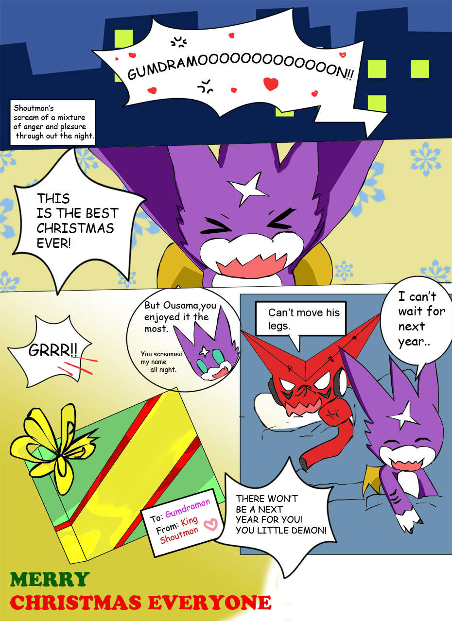 after_sex bed christmas clothing comic dialogue digimon duo english_text gumdramon holidays lying male nana-chan night shoutmon text yaoi