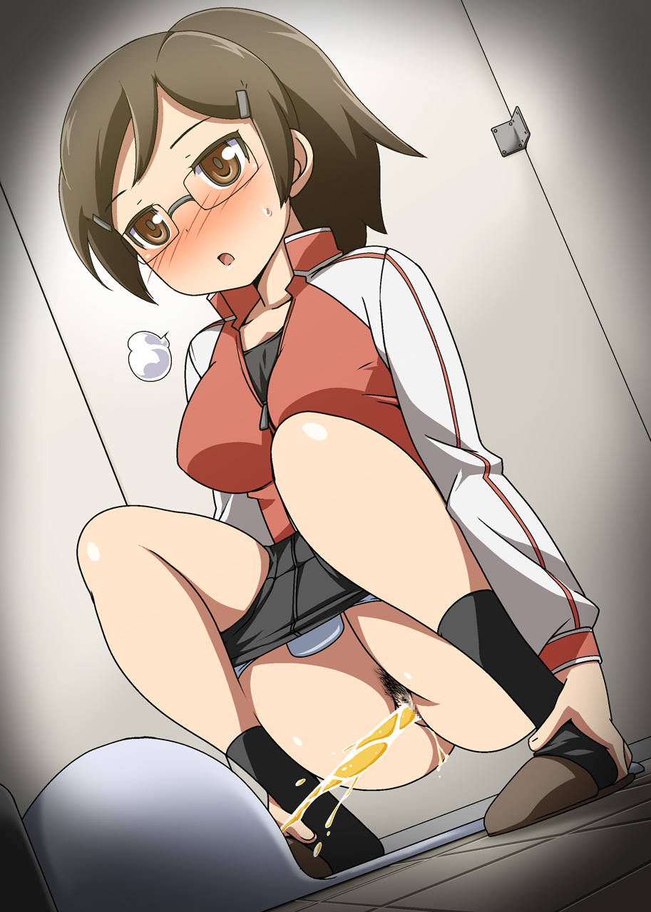 aka_nekoza bathroom blush breasts breath brown_eyes brown_hair female glasses hairpin large_breasts open_mouth peeing ponytail poppoes pubic_hair pussy slippers socks squat_toilet steam tied_hair toilet track_jacket young