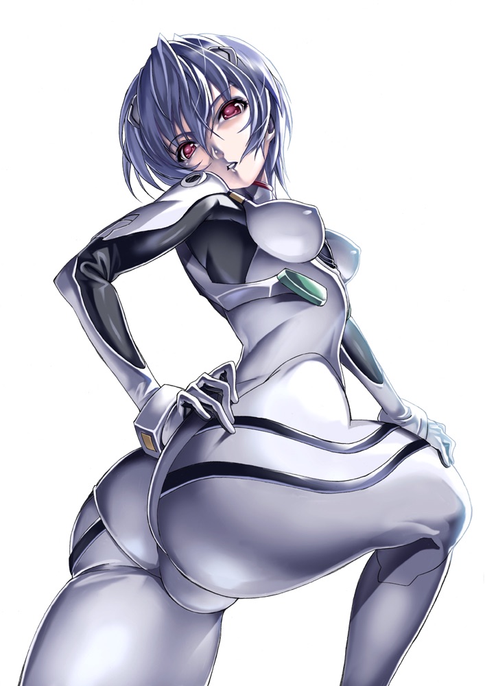 1girls, ass, blue hair, breasts, clothing, color, female, from below, hand on hip, hips, leg up, looking at viewer, looking down, medium breasts, neon genesis evangelion, plugsuit, red eyes, rei ayanami, saburou (hgmg), short hair, simple background, solo, trefoil, white background
