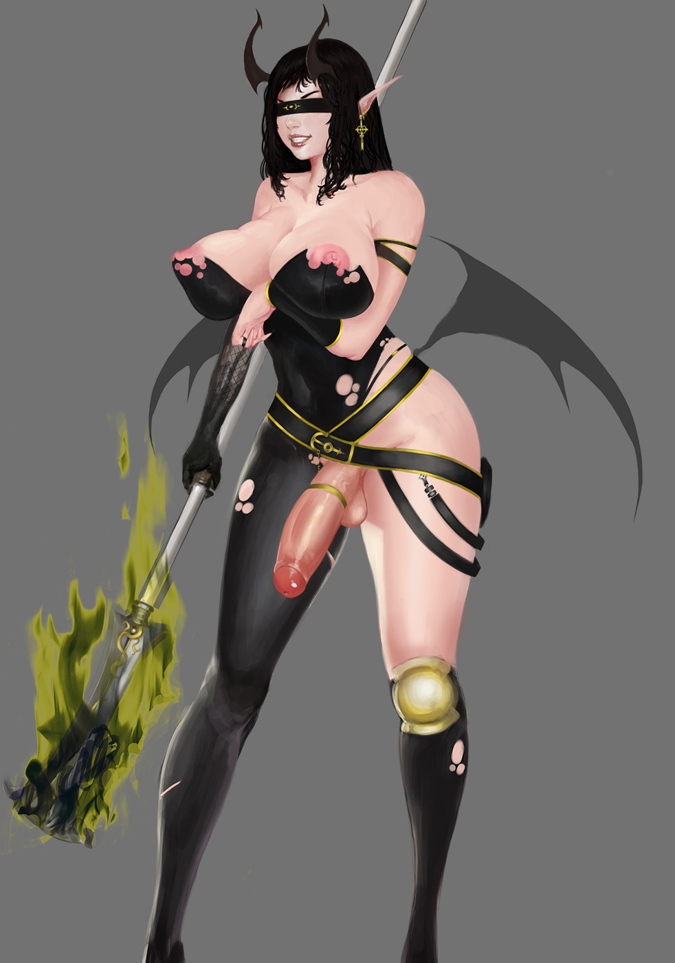 1futa areola balls black_hair blindfold botslim breasts busty cleavage cock_ring earrings full-length_portrait full_length futa_only futanari hair half-erect horns intersex large_breasts long_hair nipples penis pointy_ears portrait smile solo staff standing testicles torn_clothes voluptuous wand weapon wings