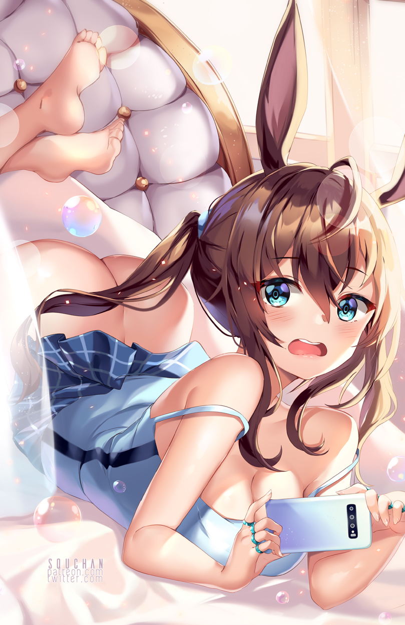 amiya_(arknights) arknights ass barefoot blue_eyes blush bottomless breasts brown_hair feet female no_panties on_stomach open_mouth phone ponytail rabbit_ears rings shirt skirt sleeveless solo solo_female spaghetti_strap squchan suprised_look surprised_expression teenage_girl teenager