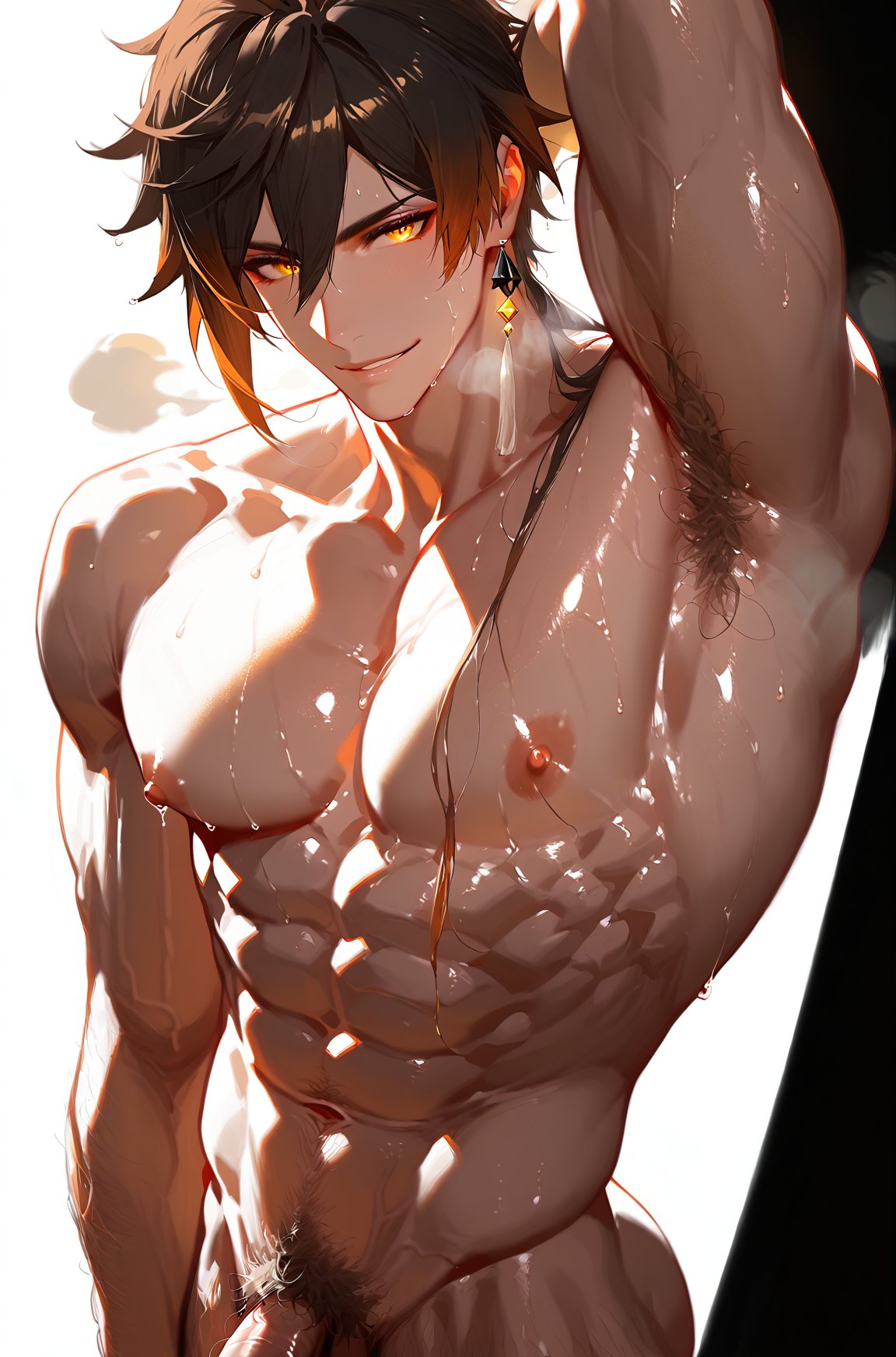 abs ai_generated boy genshin_impact goldenfieldszho large_pectorals looking_at_viewer male_focus male_pubic_hair muscular muscular_male navel navel_hair nipples nude pectorals penis pubic_hair solo sweat zhongli_(genshin_impact)