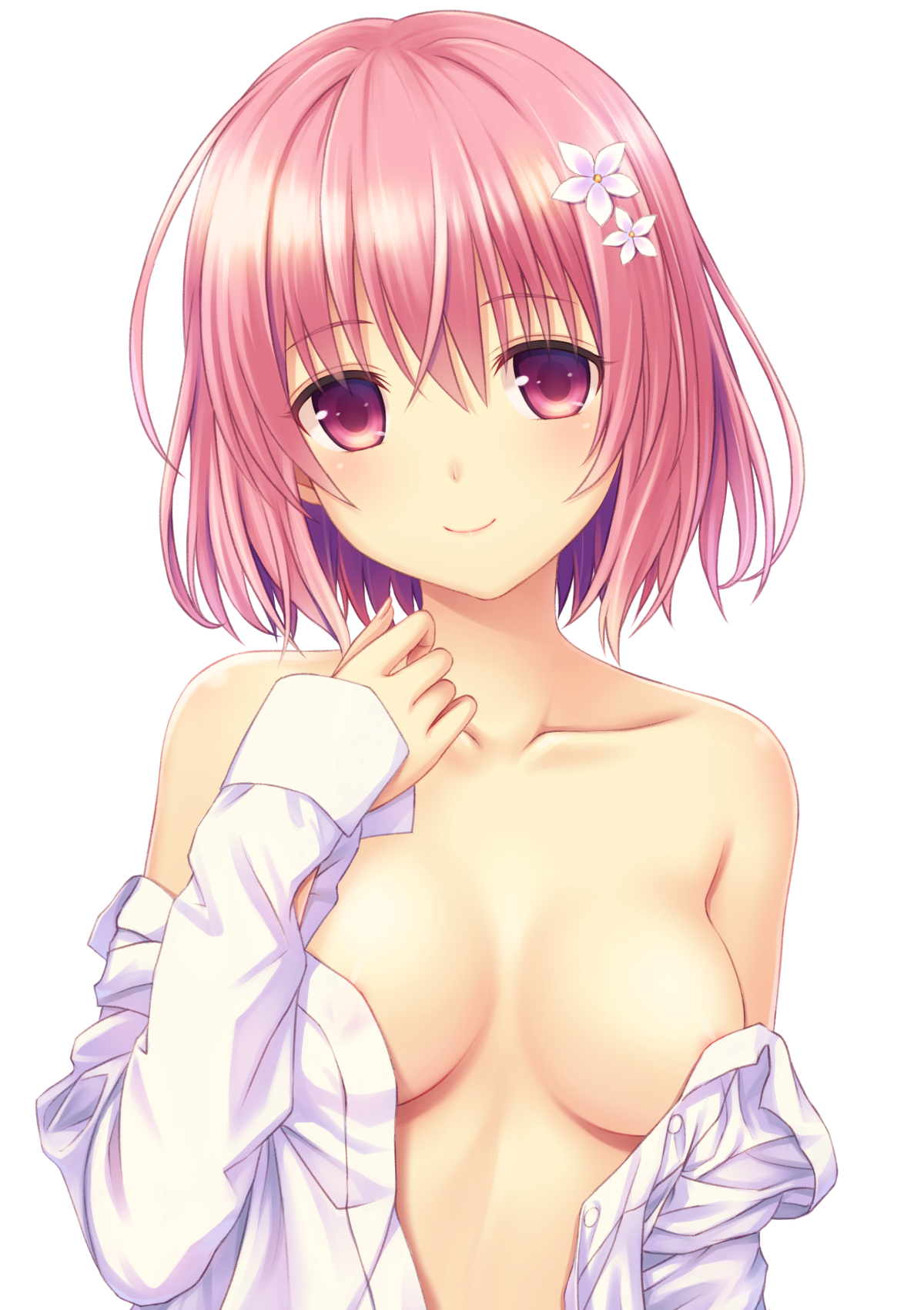 areola slip, areolae, breasts, clothing, collarbone, female, flower, hair flower, hair ornament, highres, long sleeves, looking at viewer, momo velia deviluke, n.g., naked shirt, no bra, off shoulder, open clothes, open shirt, pink eyes, pink hair, shirt, small breasts, smile, solo, to love-ru, upper body