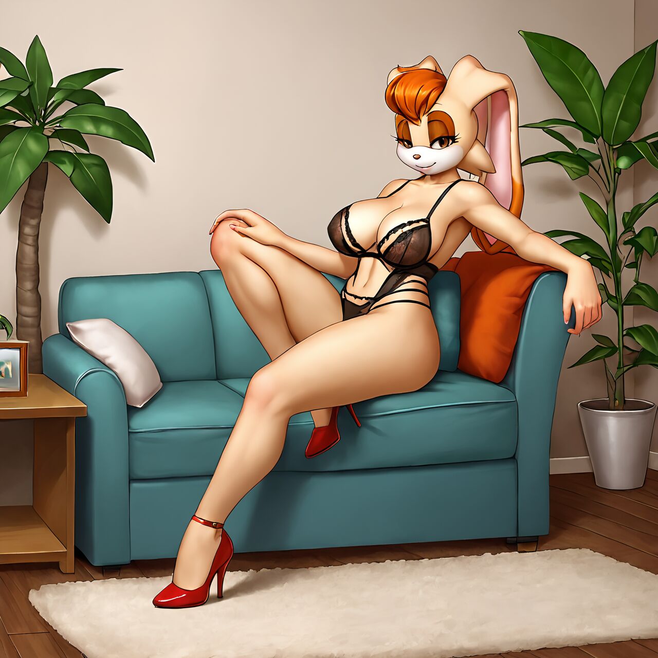 ai_generated anthro_milf breasts cleavage furry high_heels huge_breasts koopa990 lingerie milf rabbit red_heels sofa sonic_(series) strappy_heels thick_thighs vanilla_the_rabbit