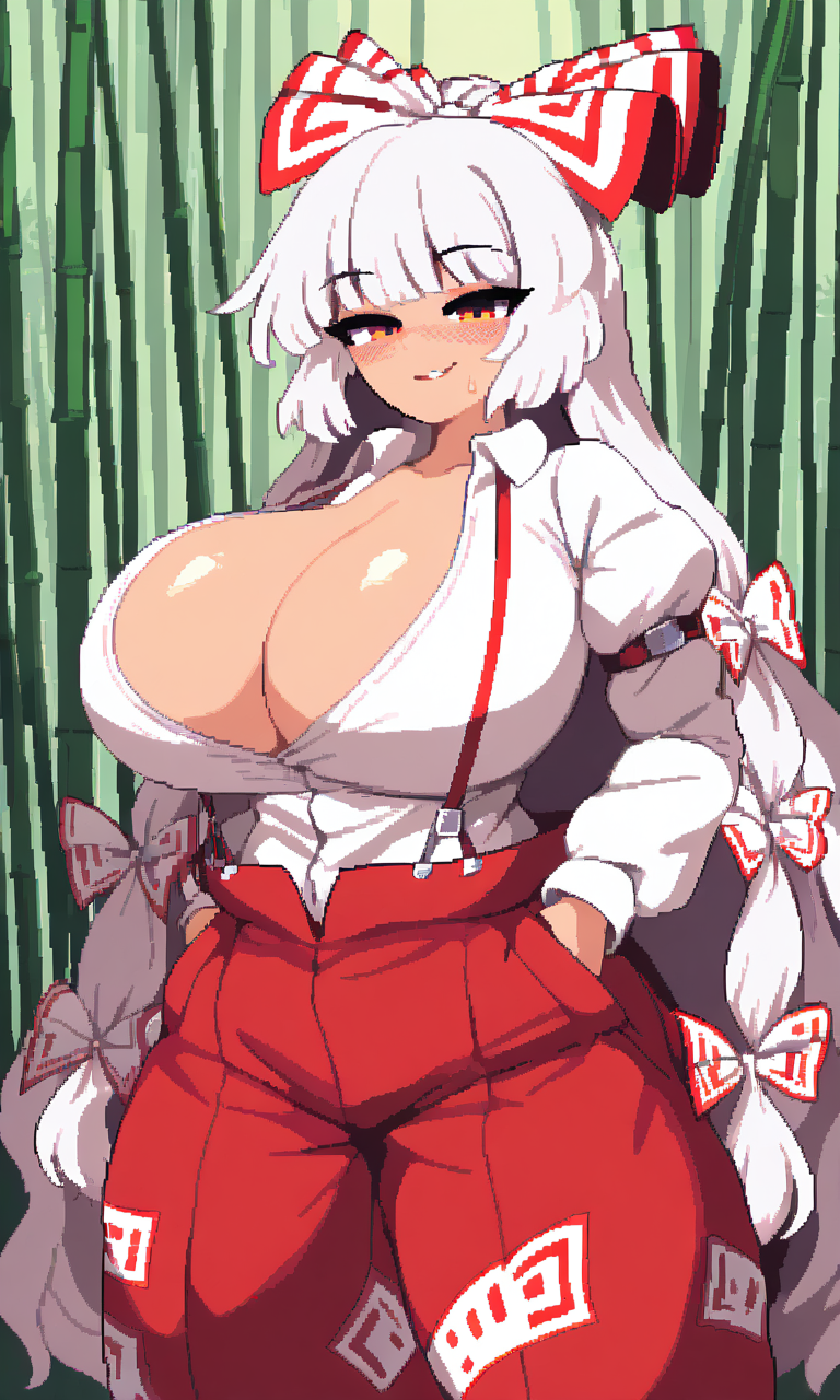 ai_generated bamboo_forest fujiwara_no_mokou huge_breasts long_hair red_eyes red_pants smiling_at_viewer suspenders touhou white_bow white_hair white_shirt