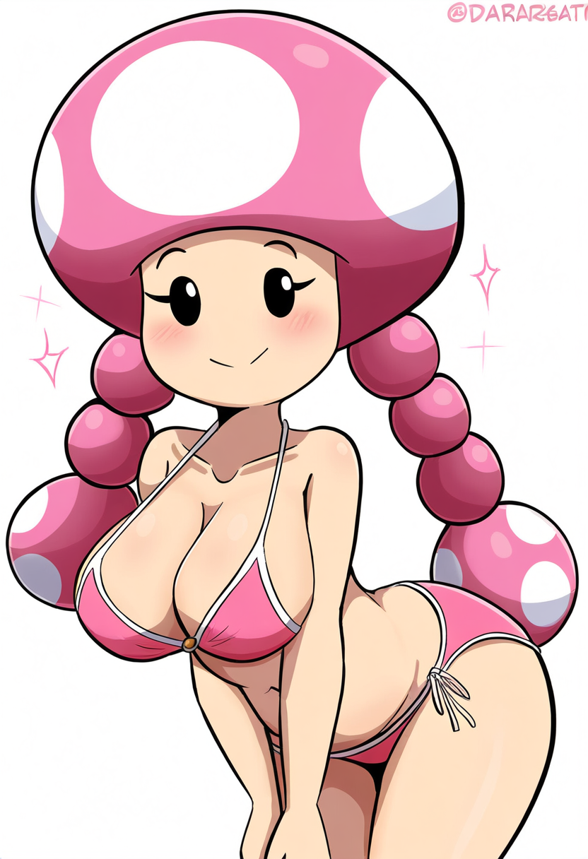 aged_up ai_generated bikini black_eyes blush look looking_at_viewer mario_(series) micro_bikini mushroom_humanoid nintendo novelai pink_hair simple_background super_mario_bros. toadette twin_braids white_background