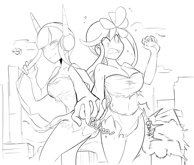 2girls accidental_destruction arm_up bangs blush blush breasts building building_destruction buildings cleavage clothed clothing cloud clouds collar curvaceous curvy curvy_body curvy_female curvy_figure curvy_hips destruction ear elesa_(pokemon) elesa_(pokemon_bw2) eyes female female_only fingers game_freak giant giantess giantess_growth gym_leader hair_tie headphones headwear helicopter hip_bump hips holding holding_hair holding_hands human large_breasts legs lesbian_couple line_art looking_at_another looking_back monochrome nintendo no_sex onomatopoeia open_mouth outdoors outside pokemon pokemon_bw pokemon_bw2 short_hair short_hair_female short_hair_with_long_locks size_transformation skirt sky skyla_(pokemon) smile smiling smoke standing surprise surprised surprised_expression thick_thighs thighs tongue torn_clothes torn_clothing yuri yuri