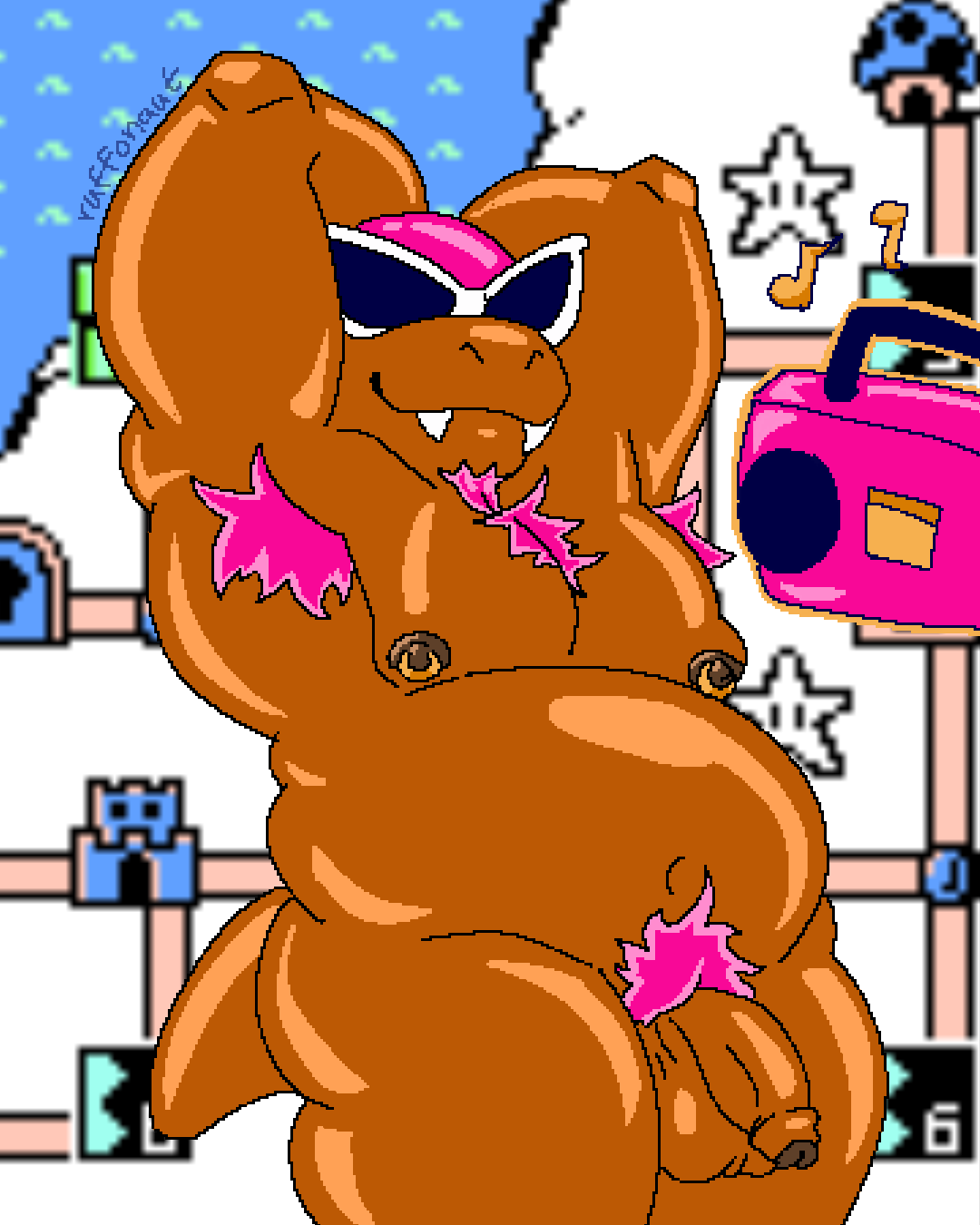 anthro armpit_hair balls belly bodily_fluids body_hair boombox brown_body brown_skin dark_body dark_skin digital_media_(artwork) eyewear foreskin genital_fluids genitals hair hi_res humanoid_genitalia humanoid_penis koopa koopaling male mario_bros navel nintendo nipple_piercing nipples nude overweight overweight_anthro overweight_male penis piercing pink_hair pubes roy_koopa ruffonaut scalie sharp_teeth simple_background smile snagletooth solo sunglasses tail teeth thick_thighs