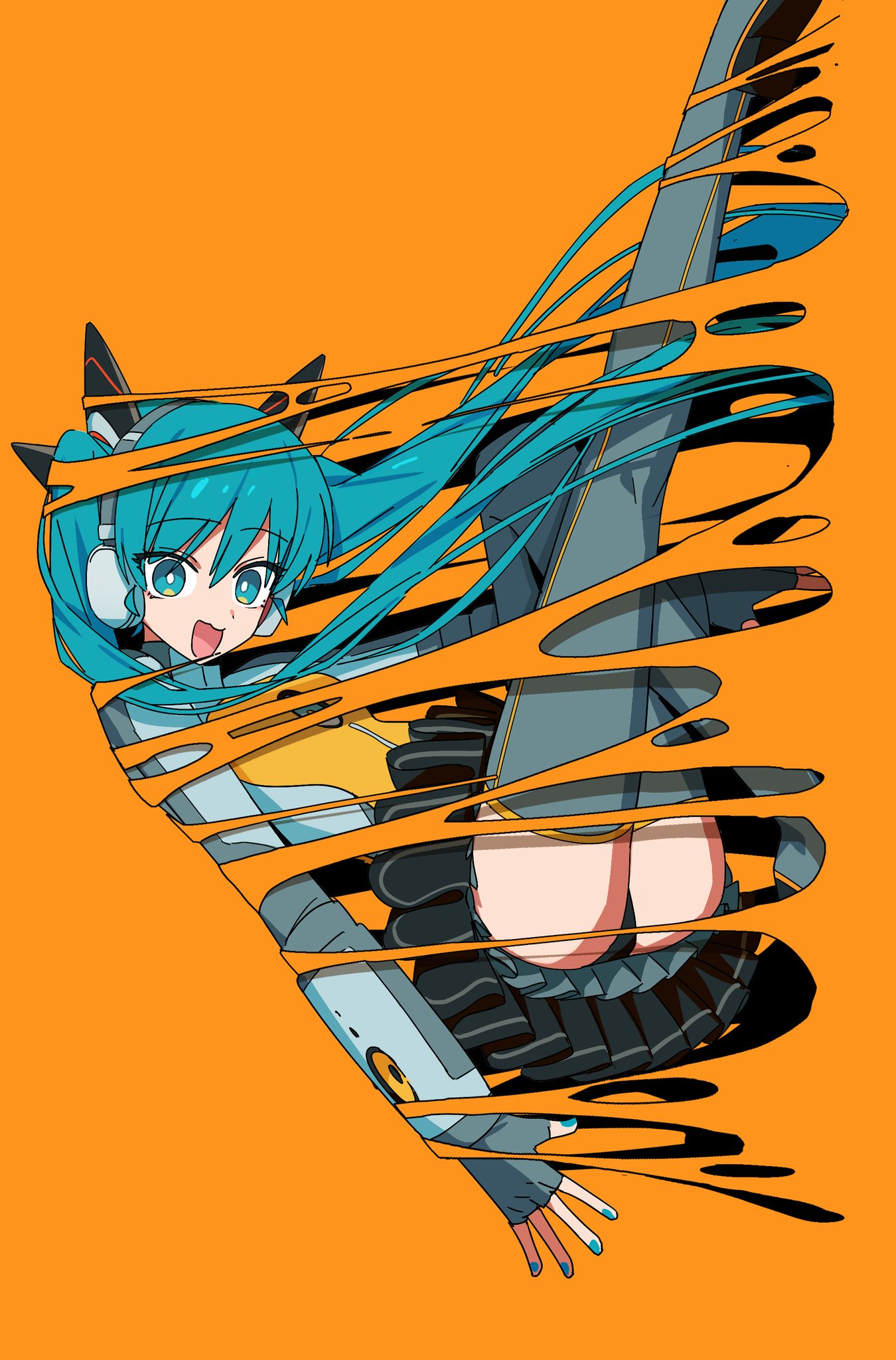 blue_eyes blue_hair caststation feet green_eyes green_hair hatsune_miku headphones long_hair smile thighs twintails vocaloid yellow_eyes