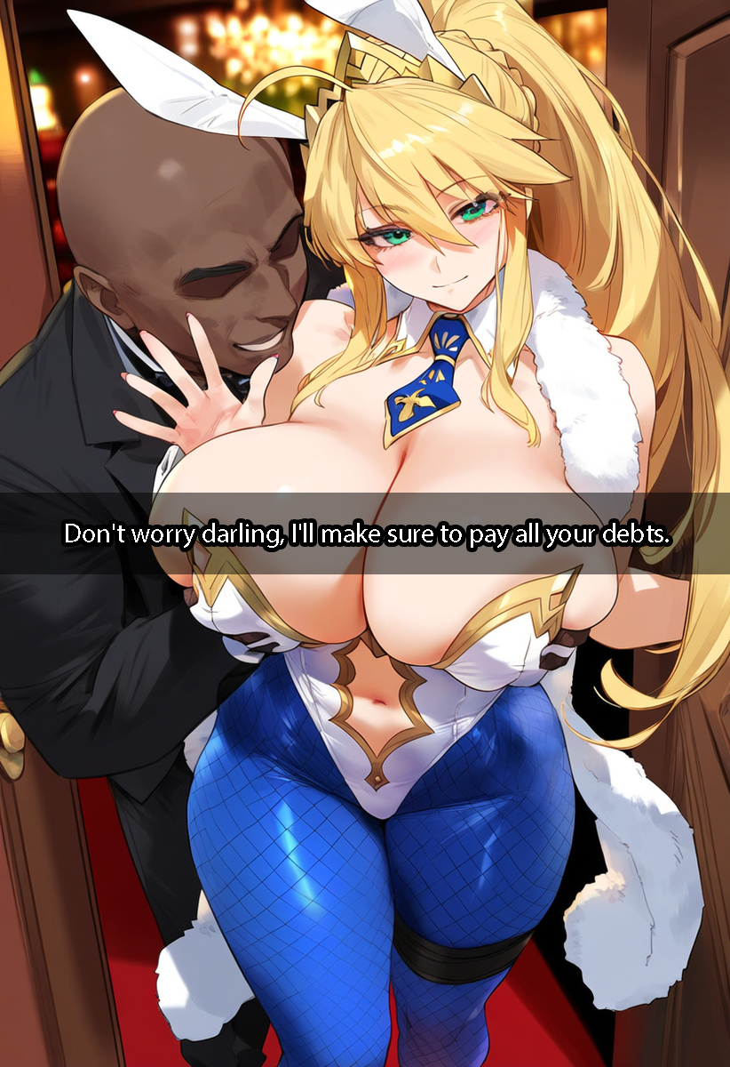 ai_generated artoria_pendragon artoria_pendragon_(swimsuit_ruler) big_breasts blonde_hair bunnysuit casino dark-skinned_male fate/grand_order fate_(series) mrteardrop