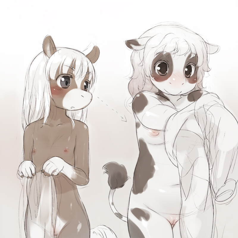 anthro black_eyes bovine breasts cattle cotora duo female flat_chested hair kemono long_hair mammal nipples pussy short_hair stare