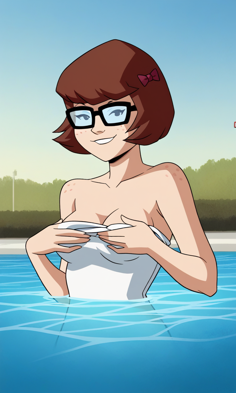 ai_generated ass bigmic145 bikini breasts cartoon_network glasses one-piece_swimsuit red_hair scooby-doo scooby-doo!_mystery_incorporated stripping swimming_pool swimsuit velma_dinkley velma_dinkley_(mystery_incorporated)