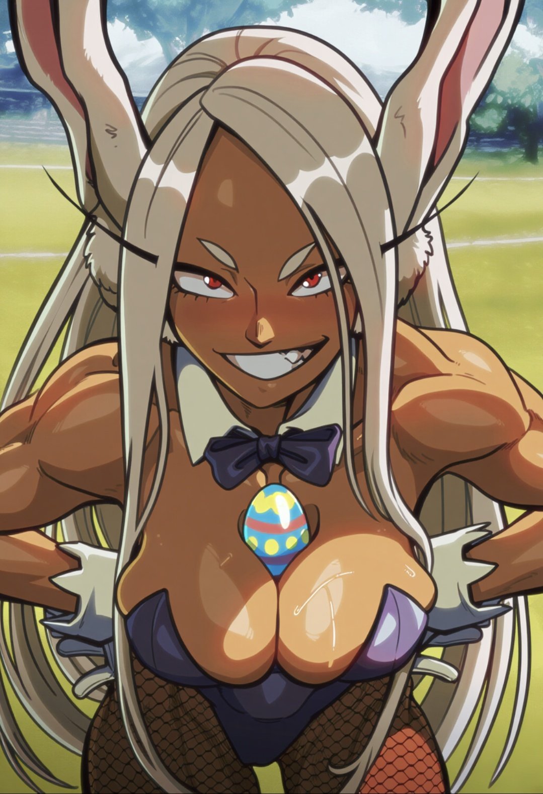 abs absurd_res ai_generated breasts bunny_ears dark-skinned_female easter egg female female_focus female_only fishnets gogobananaz high_quality high_resolution highres looking_at_viewer mirko muscular muscular_female my_hero_academia outdoors playboy_bunny red_eyes solo superheroine tagme viewed_from_above white_hair