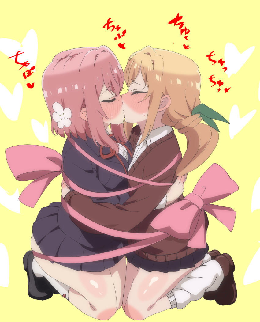 2girls asymmetrical_docking blazer blonde_female blonde_hair blonde_hair_female blush blush blush_lines bondage bound breast_press breast_to_breast brown_cardigan cardigan closed_eyes flower_in_hair green_ribbons hair_ribbon hanazono_hakari heart_background highres hug inda_karane kimi_no_koto_ga_dai_dai_dai_dai_daisuki_na_100-nin_no_kanojo kiss_on_lips kissing kissing kneehighs kneeling loafers medium_hair miniskirt multiple_girls official_style or2_(sahr7857) pink_hair pleated_skirt ponytail purple_jacket purple_skirt school_girl school_girls school_uniform schoolgirl schoolgirls tied_together variant_set yellow_background yuri