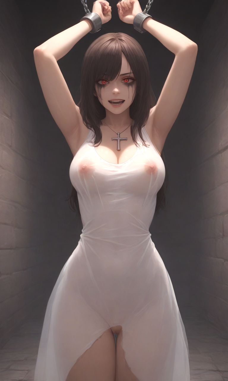 ai_generated ass brown_hair chained chained_wrists chains church cleavage covered_nipples crazy_eyes cross cross_necklace demon_girl devil dress dress_lift female formal formal_wear good_girl horns innocent no_panties original_character possessed possession prisoner red_eyes ripped_clothing see-through torn_clothes transparent_clothing