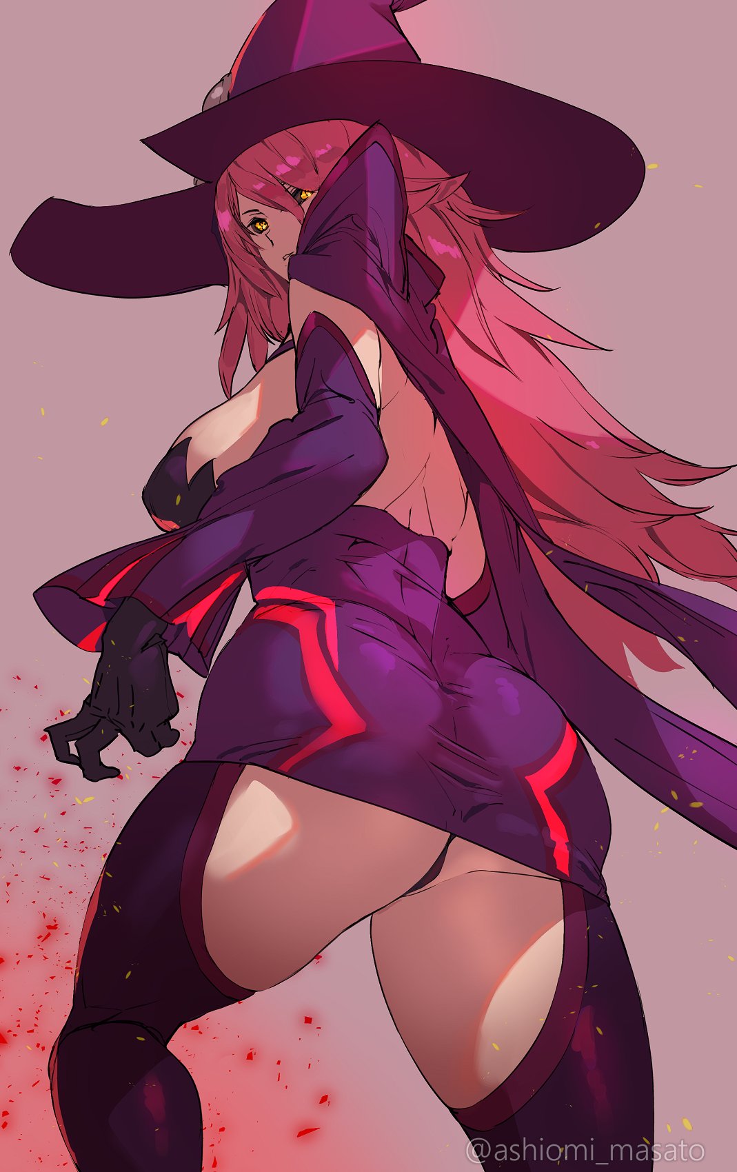 1girls artist_name ashiomi_masato ass bare_shoulders big_ass big_breasts black_sclera blazblue blazblue:_central_fiction breasts busty colored_sclera cowboy_shot detached_sleeves dress female female_only from_behind from_side gluteal_fold hat highres konoe_a_mercury large_breasts long_hair looking_at_viewer looking_back mature mature_female mature_woman milf panties pantyshot parted_lips pink_hair purple_dress seductive_look sensual shiny_skin short_dress sideboob solo thighhighs thong underwear very_long_hair white_background yellow_eyes