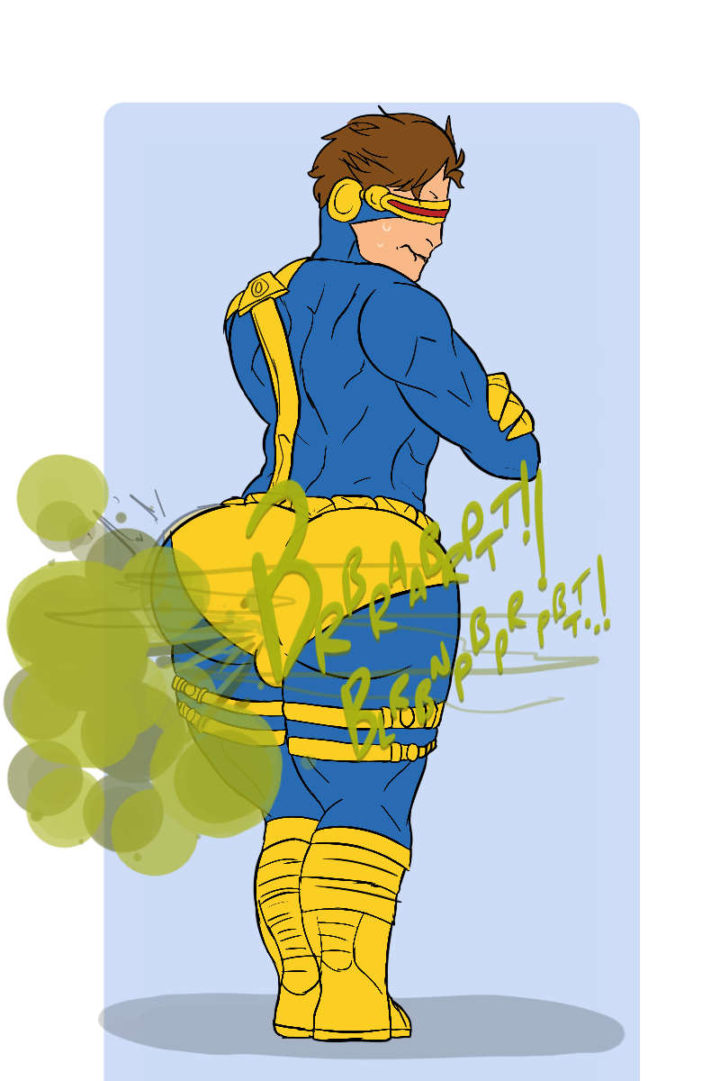 1boy ass big_ass big_butt brown_hair butt cyclops_(x-men) fart fart_cloud fart_fetish farting fat_ass fat_butt fully_clothed huge_ass huge_butt male male_only marvel marvel_comics odukafornoreason solo superhero sweat sweating text thick_ass thick_butt x-men