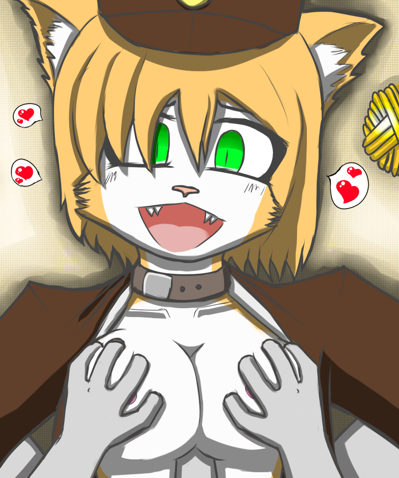 1boy 1girls anthro battleblock_theater breast_grab breasts cat_ears catgirl color datfurrydude female furry furry_only green_eyes guard hair hands_on_breasts happy hat headgear heart looking_at_viewer nipple open_mouth paizuri smile teeth yarn yellow_fur yellow_hair