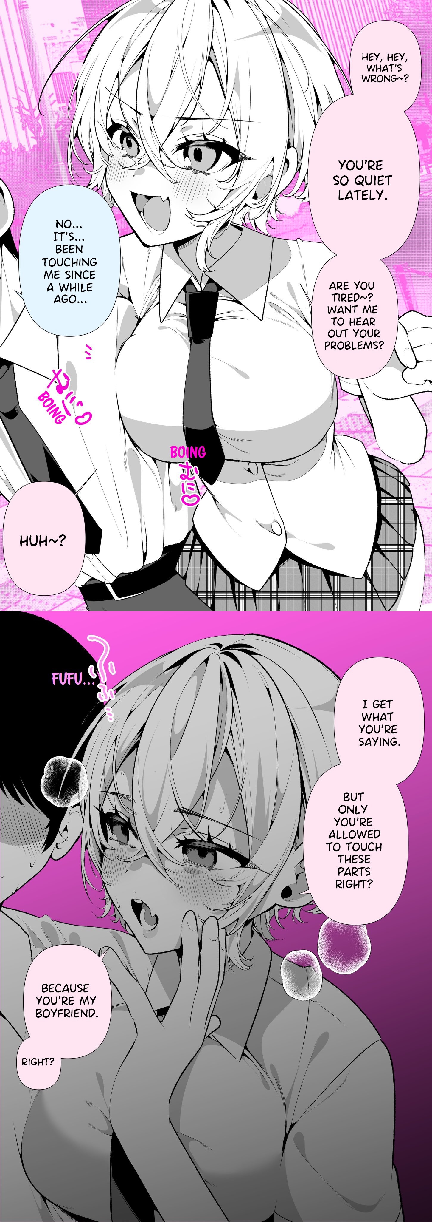 1boy, 1girls, a boyish girlfriend in high humidity, big breasts, blush, boyfriend-girlfriend, breast press, breasts, dialogue, english text, fangs, female, female focus, female yandere, large breasts, male, manga, open mouth, original, original character, ouchi kaeru, pink background, pressing breast on partner, school uniform, schoolgirl, schoolgirl uniform, short hair, skirt, solo focus, steam, sweat, tie, tomboy, translated, yandere