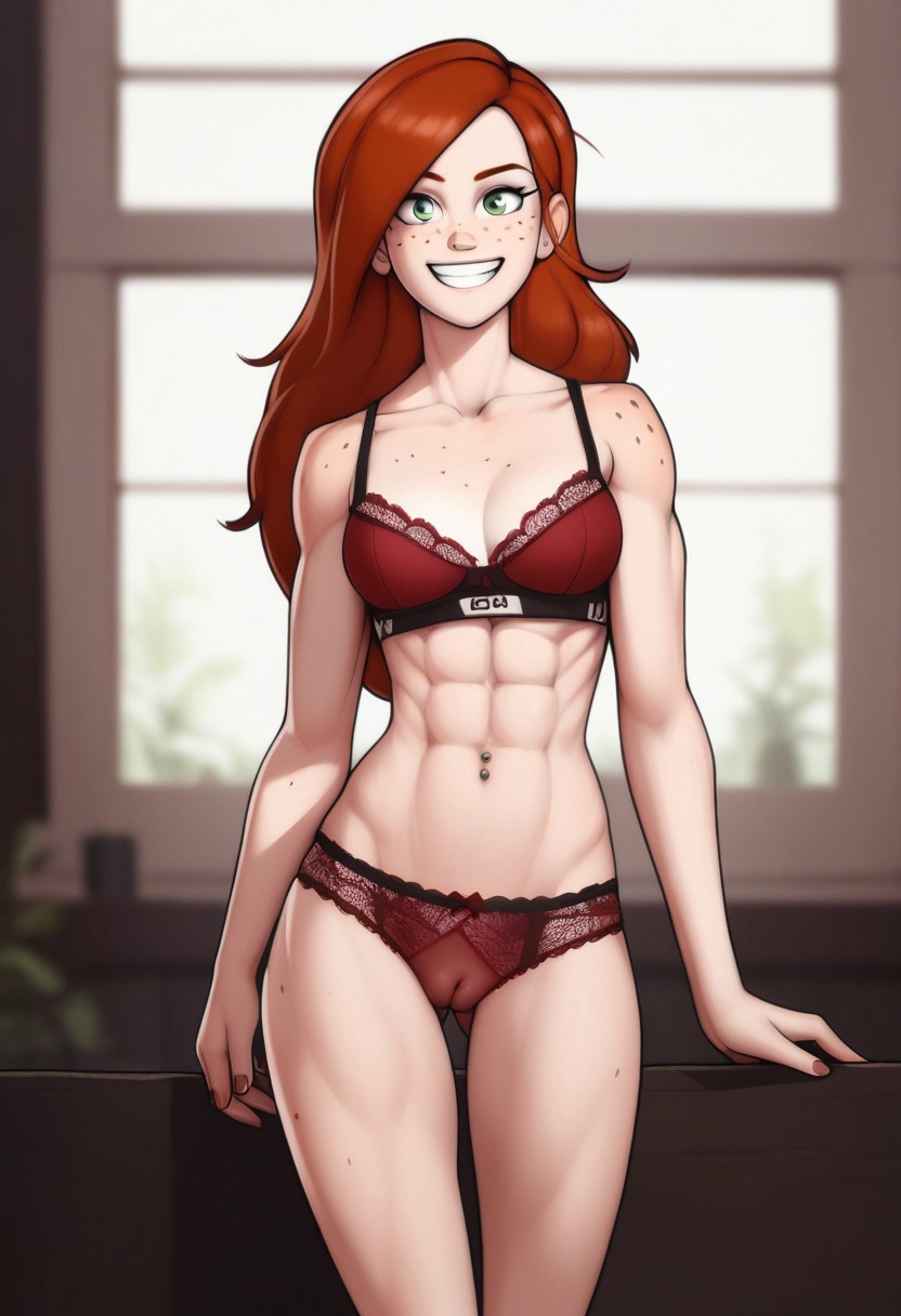 abs ai_generated bald_pussy bare_pussy bra bra_and_panties gravity_falls hairless_pussy muscular muscular_female panties red_lingerie shaved_pussy sheer_panties wendy_corduroy