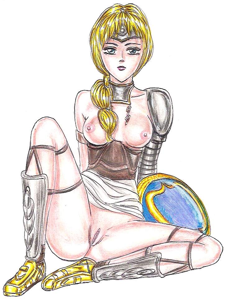 1girls 2008 armor blonde_hair blue_eyes boobs braided_ponytail breasts chains edithemad female female_only half-dressed half_naked looking_at_viewer medium_breasts pussy sandals shield shoulder_guard skirt_lift solo solo_female sophitia_alexandra soul_calibur soul_edge traditional_media vagina white_background white_skirt