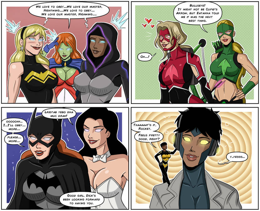 9girls @_@ animated arrowette artemis_(dc) artemis_crock barbara_gordon batgirl big_breasts black_hair blonde_hair breast_press breasts bumblebee_(dc) cassandra_sandsmark cassie_sandsmark cissie_king dc dc_comics drool gabrielle_daou gif halo_(dc) hypnosis hypnotic_eyes karen_beecher large_breasts mind_control miss_martian polmanning raquel_ervin red_hair rocket_(dc) self_hypnosis tagme wonder_girl young_justice zatanna