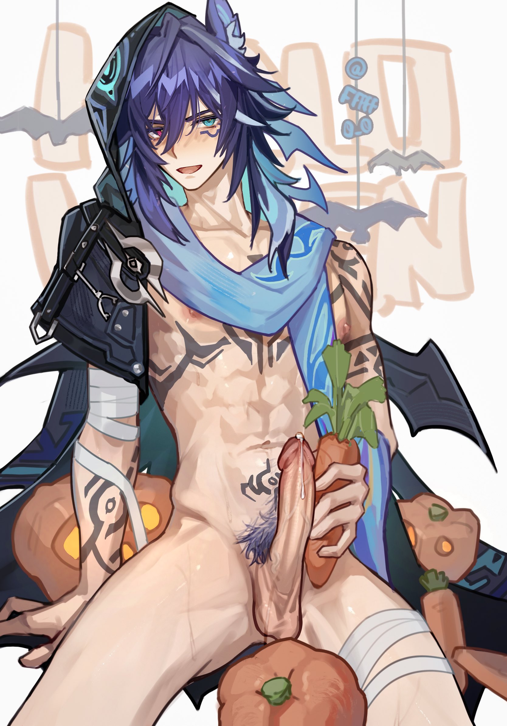 1boy, abs, bandage, bat, big penis, blush, carrot, fffff0 0, genshin impact, halloween costume, looking at viewer, male, male focus, male only, muscles, ororon (genshin impact), penis, pubes, pumpkin, tattoo