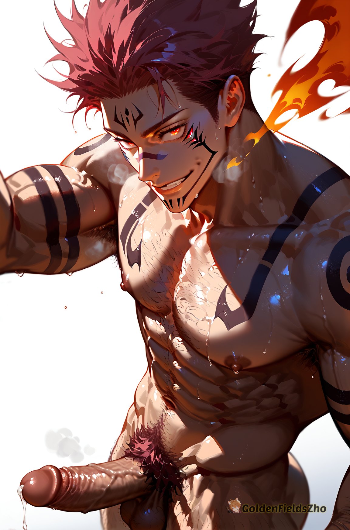 abs ai_generated boy goldenfieldszho jujutsu_kaisen large_pectorals looking_at_viewer male_focus male_only male_pubic_hair muscular muscular_male navel navel_hair nipples nude pectorals penis pubic_hair ryoumen_sukuna_(jujutsu_kaisen) solo sweat