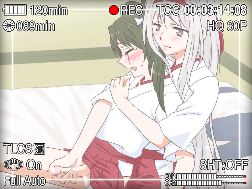 2girls blush brown_eyes futa_with_female futanari futon green_eyes hachimaki hair hair_ribbon hair_rings hakama handjob headband intersex kantai_collection long_hair multiple_girls penis precum recording ribbon shoukaku_(kantai_collection) silver_hair skirt tears tied_hair twintails udon_(shiratama) zuikaku_(kantai_collection)