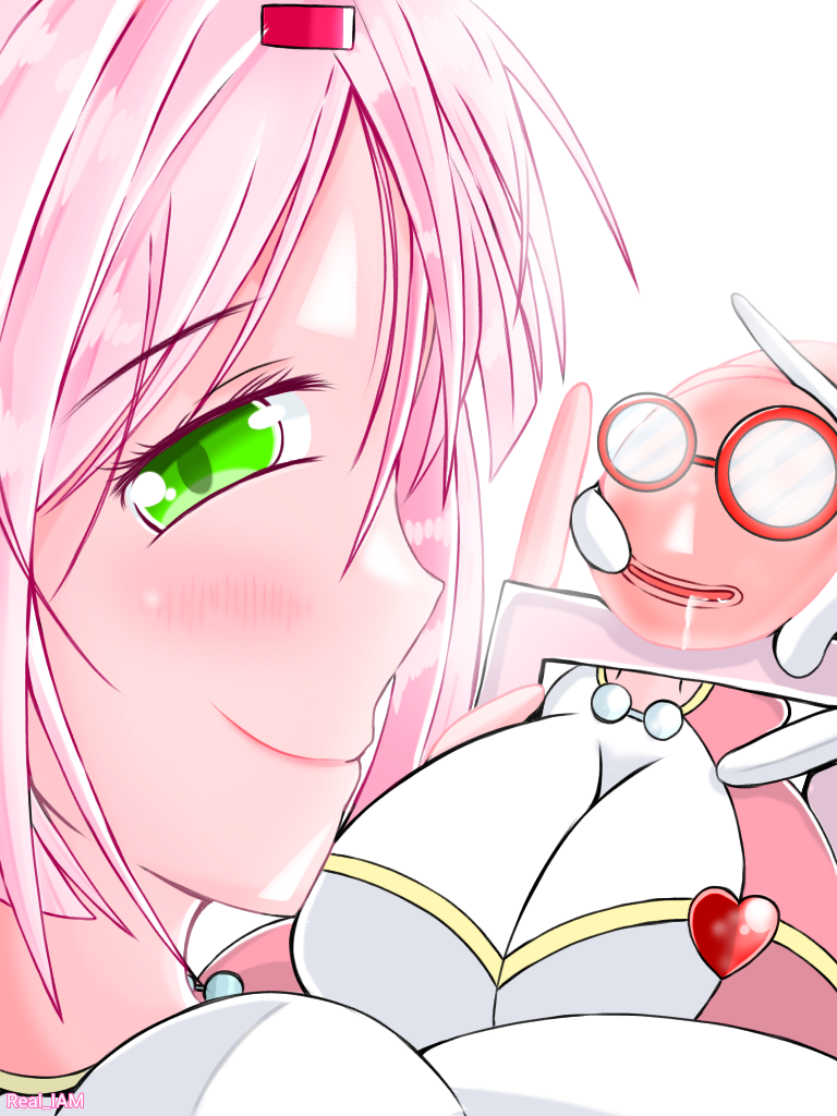 boobzuri-milkuni breasts glasses green_eyes nurse_uniform original pink_hair realiam