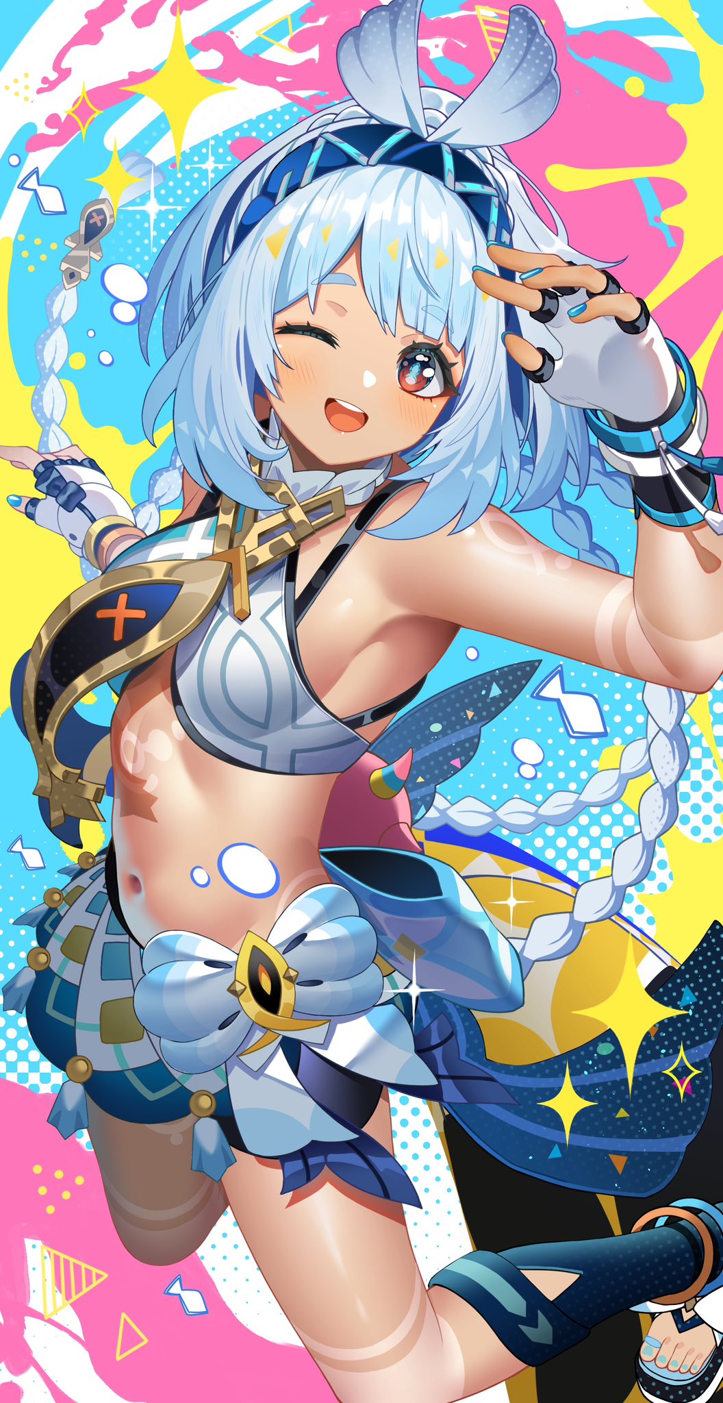 1girls bikini bikini_strap bikini_strings bikini_top black_string_bikini blue_hair breasts breasts female female female_focus female_only fingerless_gloves genshin_impact hoyoverse mihoyo mualani_(genshin_impact) red_eyes shiny_body shiny_skin sideboob