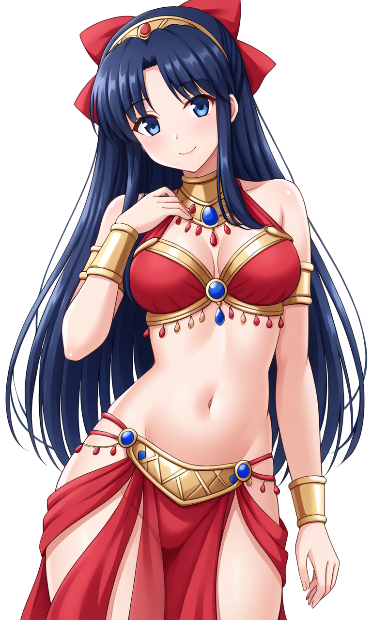 1girls alternate_costume arabian_clothes belly_dancer big_breasts blue_eyes blue_hair breasts busty cleavage hair_ribbon hand_on_chest hand_on_own_chest highres jewelry king_of_fighters large_breasts legs long_hair midriff nakoruru navel ponytail ribbon samurai_shodown smile snk solo thighs voluptuous