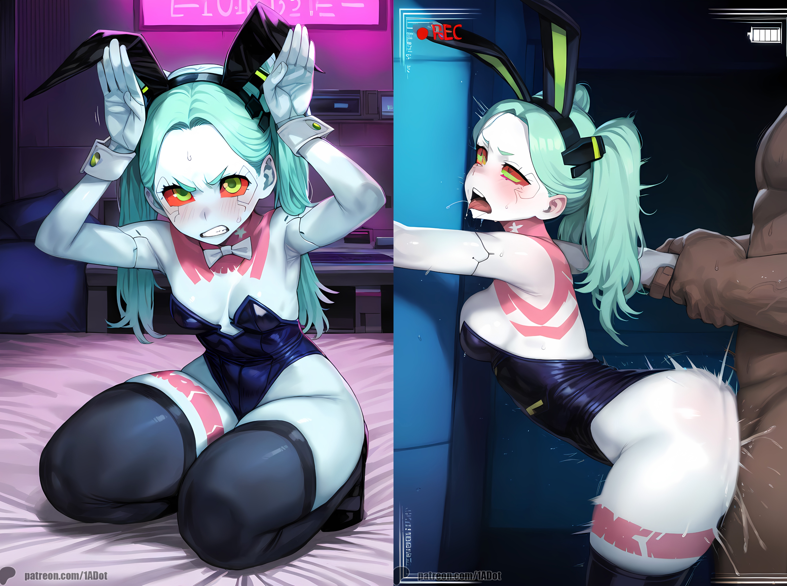 1-a dot, ai generated, android, ass, before and after, breasts, bunny ears, bunnysuit, clapping cheeks, curvy, curvy figure, cyberpunk 2077, cyberpunk: edgerunners, dark-skinned male, doggy style, duo, embarrassed, female, female focus, humiliation, instant loss, instant loss 2koma, interracial, larger male, male, male penetrating female, petite, posing, posing for the viewer, rebecca (edgerunners), recording, robot, robot girl, sex, solo focus, straight, twintails, white skin, white-skinned female