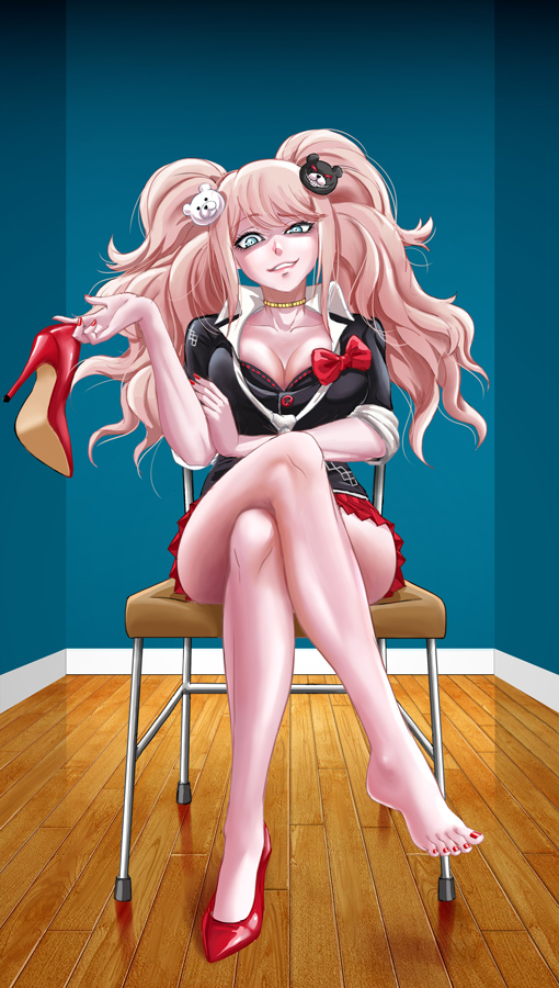 artist_request blue_eyes danganronpa foot_fetish foot_worship heels junko_enoshima legs_crossed nail_polish pink_hair red_nails