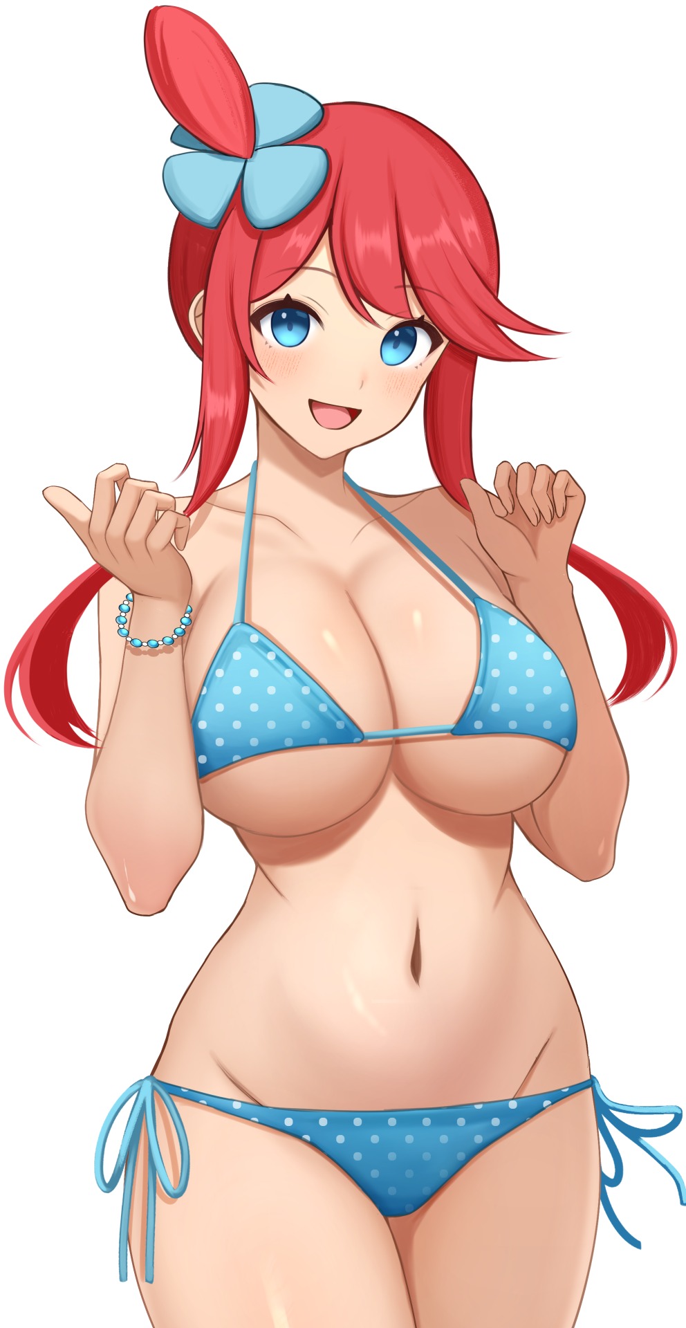 bikini blue_bikini blush large_breasts open_mouth pokemon pokemon_bw polka_dot_bikini skyla_(pokemon) smile surippa1010