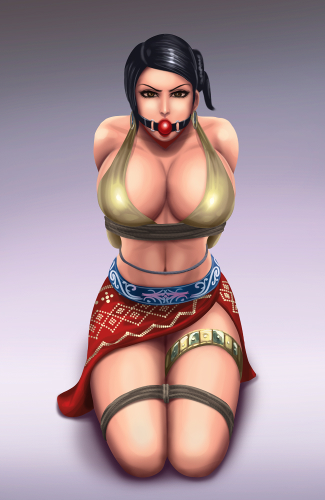 1girls, arms behind back, ball gag, black, black hair, bondage, bound, breasts, brown eyes, cleavage, clothed, earrings, female, female only, femsub, gag, hair bun, huge breasts, human, kneeling, looking at viewer, namco, navel, rope, simple background, solo, svoidist, tekken, tekken 6 bloodline rebellion, tekken tag tournament 2, thigh strap, tied, zafina (tekken)