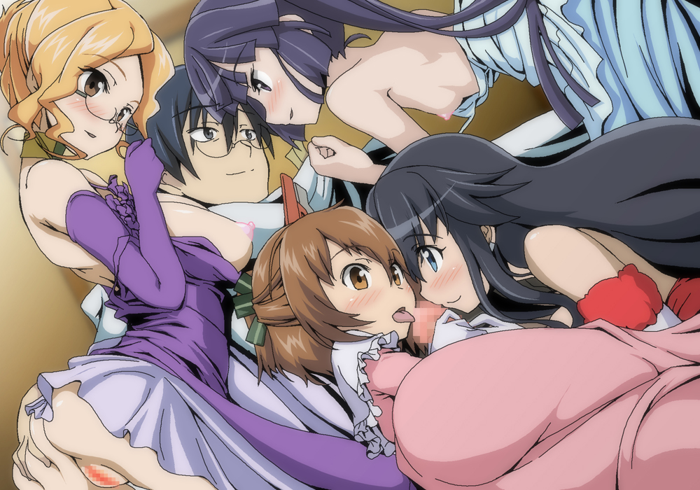 1boy 4girls akatsuki_(log_horizon) black_hair blonde_hair blue_eyes blush breasts brown_eyes censored female glasses harem henrietta_(log_horizon) kanami_(log_horizon) licking log_horizon long_hair male minori_(log_horizon) multiple_girls penis purple_hair pussy shiroe soramimondo tied_hair twintails