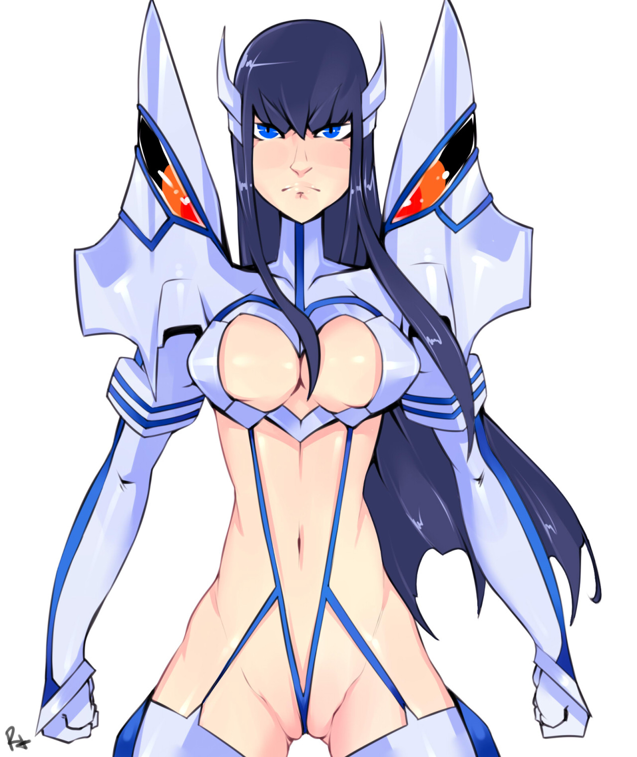 1girls, blue eyes, blue hair, breasts, cleavage, cleavage cutout, female, garter straps, gloves, hourglass figure, junketsu, kill la kill, kiryuuin satsuki, long hair, navel, r4, solo, standing, suspenders, thigh boots, thong