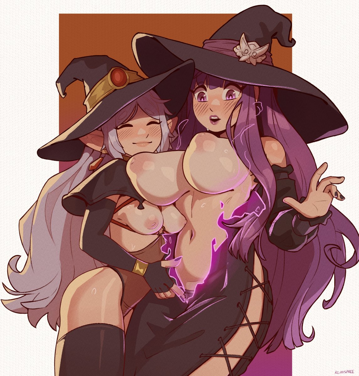 2girls assisted_exposure big_breasts blush breasts_out curvy dress embarrassed exposed_breasts fern_(sousou_no_frieren) flame frieren halloween klimspree lingerie long_hair looking_at_another magic mature_female pointy_ears revealing_clothes ripped_clothing size_difference slim_waist small_breasts smile sousou_no_frieren teasing thighhighs undressing witch witch_costume witch_hat younger_female yuri