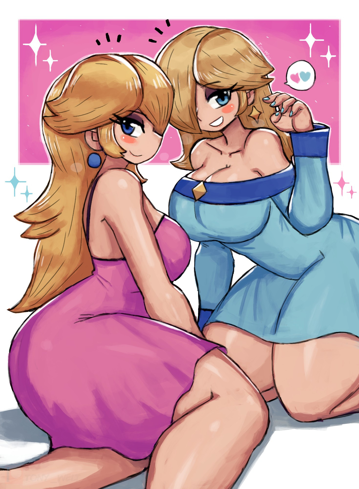 2girls, ass, big ass, big breasts, blonde hair, breasts, clothed, clothing, cute, cyan dress, earrings, eyelashes, female, heart, long hair, mario (series), nintendo, pink dress, princess, princess peach, princess rosalina, smiling at viewer, super mario bros., tony welt, video game character, video games