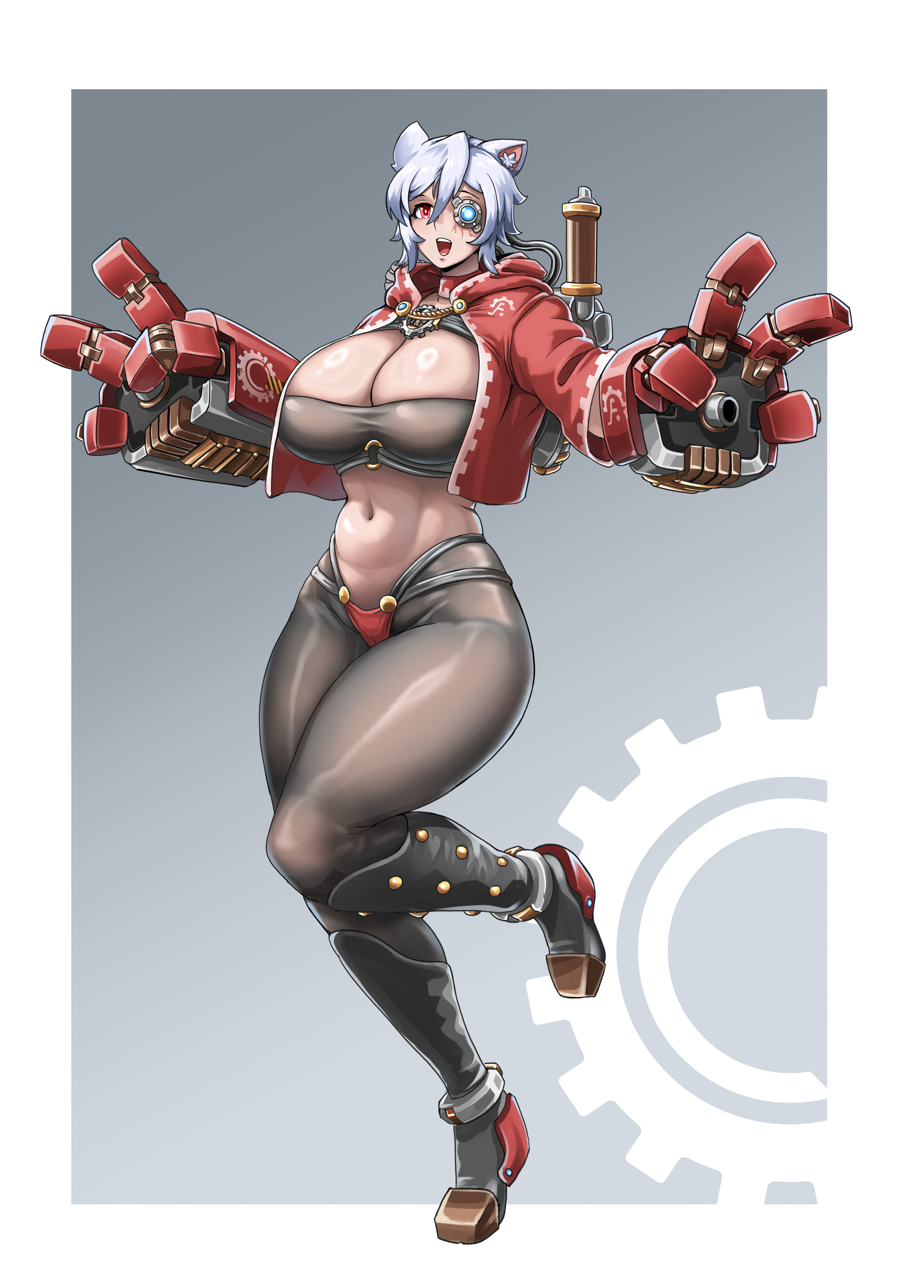 1girls, 4 fingers, adeptus mechanicus, black bra, black leggings, bra, breasts, cameltoe, cat ears, cat girl, catgirl, choker, cleavage, cyborg, eyepatch, felinid, female, full body, huge breasts, imperium of man, large breasts, leggings, mechanical arms, mechanical eye, multi-strapped panties, open jacket, panties, prosthetic arm, red choker, red jacket, red panties, running, solo, strapless bra, thick thighs, variant set, warhammer (franchise), warhammer 40k, white hair, xiao taiyang t2333