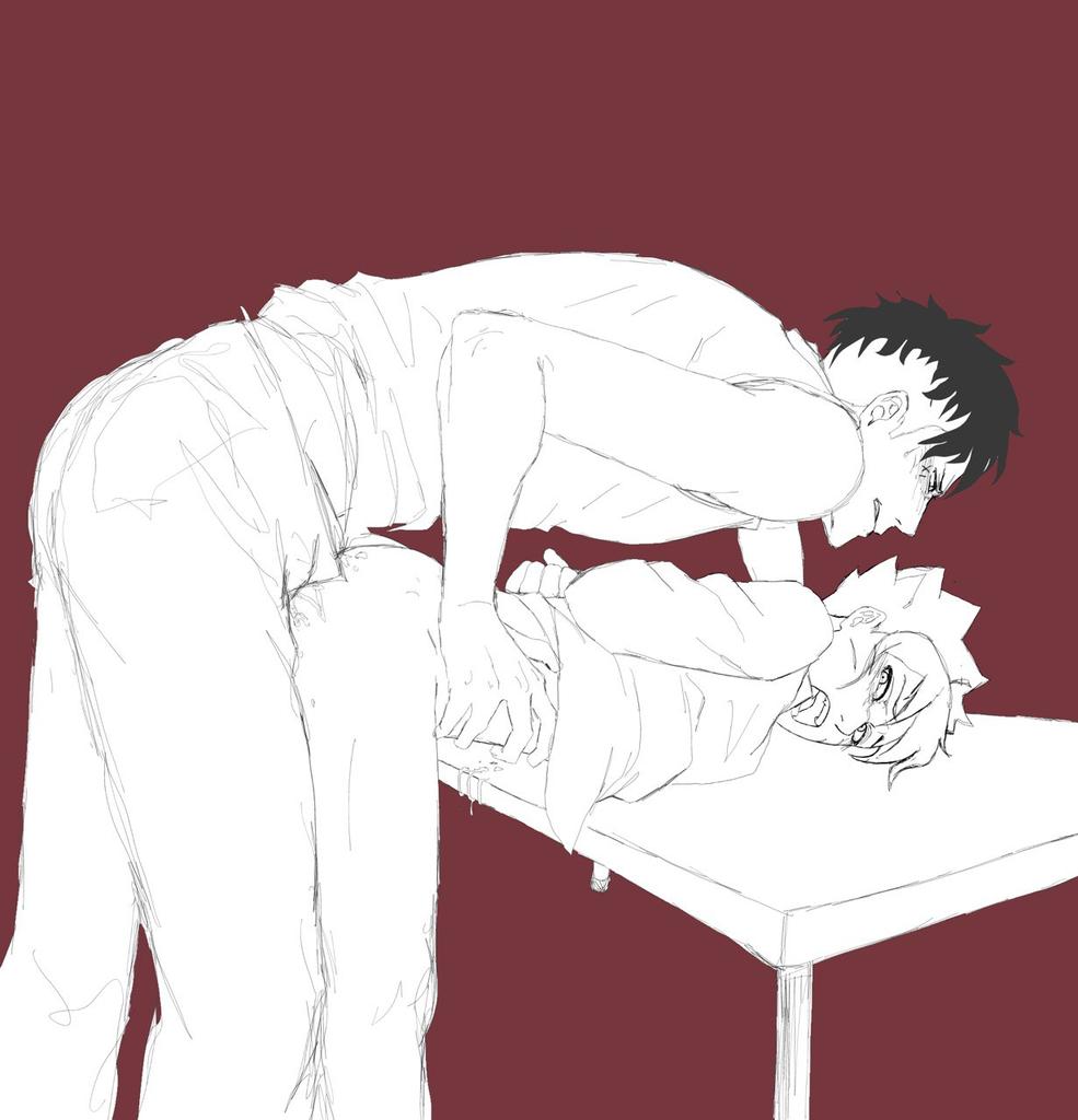 2boys, against table, ambiguous penetration, ass, bare ass, bare legs, bare shoulders, bent over, bent over table, blush, boruto: naruto next generations, bottomless, clenched teeth, clothed sex, clothing, colored background, duo, duo focus, endured face, gay, implied anal, kawaki, looking back, male, male only, male penetrated, male penetrating, male/male, moaning, monochrome, multiple boys, multiple males, naruto, naruto (series), open mouth, partially clothed, red background, screaming, sex, standing, standing doggy style, standing sex, table, uzumaki boruto, yaoi